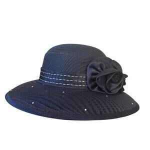 Giovanna Signature Navy Blue Church Hat Floral Cloche Rhinestone Wide Brim EUC